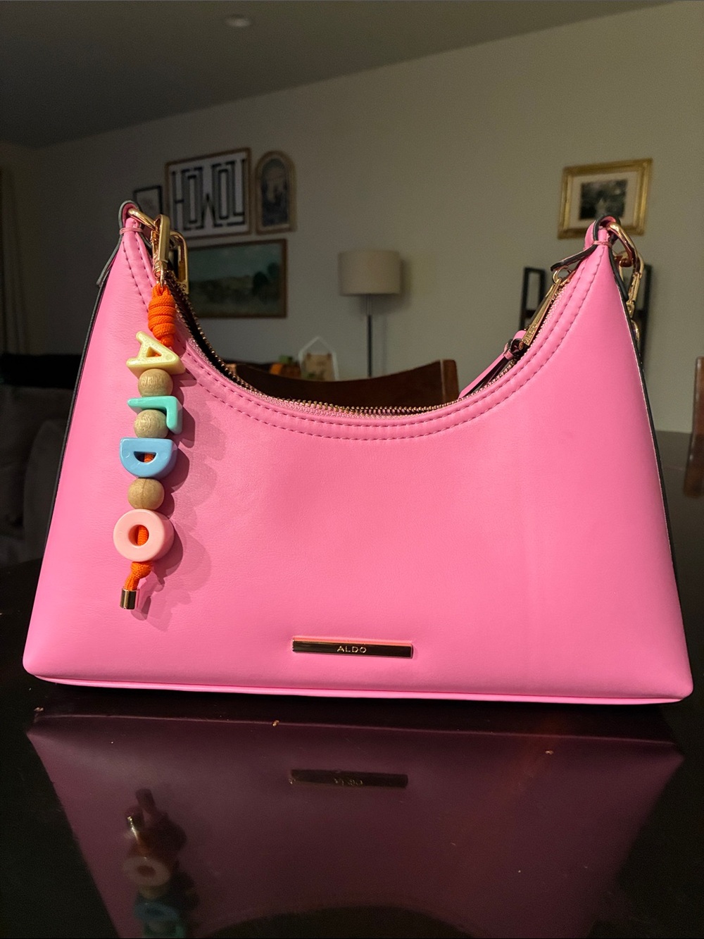 ALDO Hot Pink Shoulder Bag with Beaded Logo Charm
